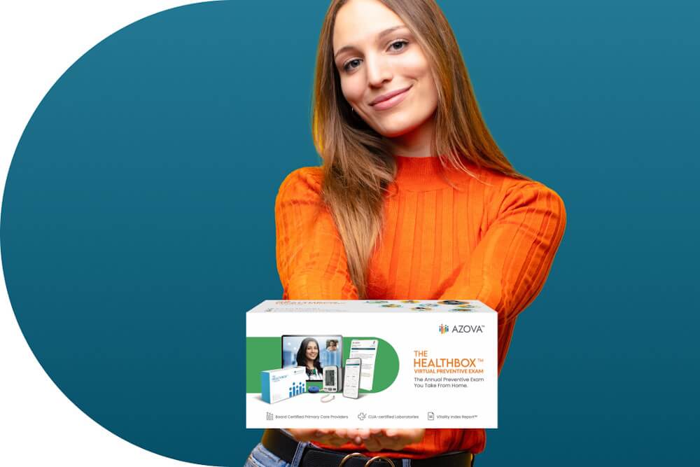 Woman holding virtual preventive exam kit